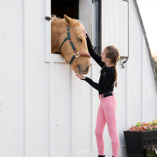 Girl's Rose Pink leggings Equestrian, young rider pony horses little comfy hunter jumper Short Stirrup Equestrian black longsleeve shirt